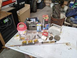 lot 622 image: Marine Audio Speaker, Assorted Tackle, Coleman Fish Pen, Native American Rock Tools, and More