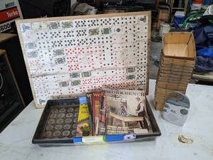 lot 625 image: Homemade Sequence Game Board, 19 Vintage Dry Pint Baskets, Jiffy Greenhouse, and More