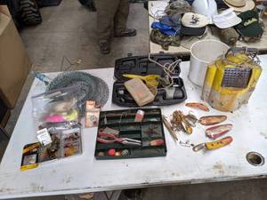 lot 628 image: Large Fishing Lot - Lures, Basket, Minnow Bucket and More