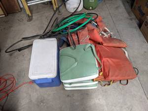 lot 631 image: Large Lot of Buoyant Cushions, Life Jackets, Cooler and More
