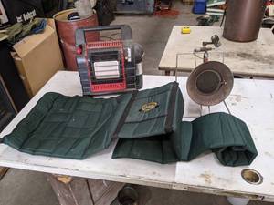 lot 633 image: Cabelas Outdoor Fly Fishing Rod Case (87), Mr-Heater Propane Heater, and Sunflower Heater