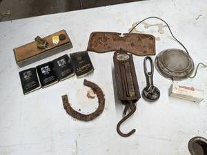 lot 647 image: Hanging Scale, Vintage Notepads, Cast Iron Plate, and More