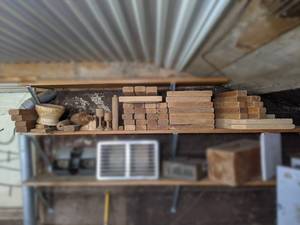 lot 454 image: Shelf Lot of Wood Blocks for carving, crafts or 