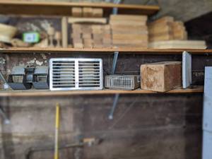 lot 455 image: Small Squirrel Cage Fans, Wood Box and More on Shelf