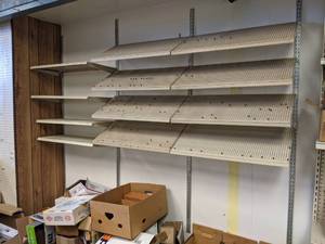 lot 141 image: (3) 36 Sections of Shelving on Wall w Brackets - Contents NOT Included