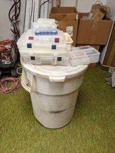 lot 155 image: Plastic Barrel w Lid and Lot of Parts Organizers