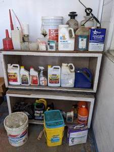 lot 245 image: Contents of 2 Shelves - Garden Chemicals, Oil, Funnels, Sprayer and More