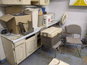 lot 247 image: Large Lot of Chairs, Stool, Cooler, Microwave, Trashcans and More