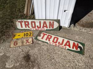 lot 41 image: Lot of 2 Vintage Embossed Seed Signs - TROJAN Hybrid  2 Corn Markers