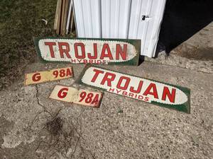 lot 42 image: Lot of 2 Vintage Embossed Seed Signs - TROJAN Hybrid  2 Corn Markers