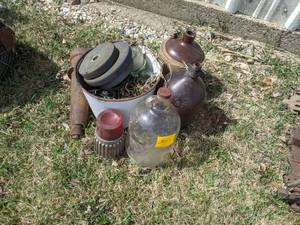 lot 113 image: Vintage Jugs, Enamel Bucket with Glass Insulators