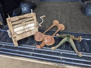 lot 139 image: Vintage Wood Wringer, Cast Iron Stand and Set of Horns