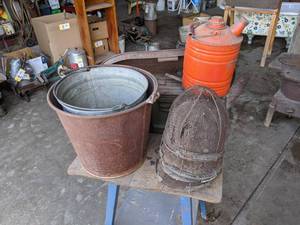 lot 157 image: Lot of Vintage Buckets, Ammo Can and More