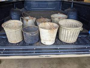 lot 159 image: Lot of Galvanized and Enamel Buckets and Coffee Pot