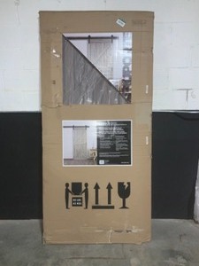 lot 25 image: TRUPORTE 36 IN. X 84 IN. TAUPE MDF K DESIGN RUSTIC SLIDING BARN DOOR WITH MODERN HARDWARE KIT. SEE PICTURES