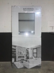 lot 26 image: TRUPORTE 36 IN. X 84 IN. IRON AGE GRAY MDF FROSTED GLASS 5 LITE DESIGN SLIDING BARN DOOR WITH RUSTIC HARDWARE KIT. SEE PICTURES