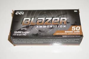 lot 127 image: 50 CCI Blazer Brass 9mm 115 Gr FMJ Ammo