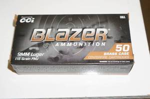 lot 128 image: 50 CCI Blazer Brass 9mm 115 Gr FMJ Ammo