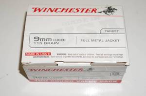lot 129 image: 100 Winchester 9mm Luger 115 Gr FMJ Ammo