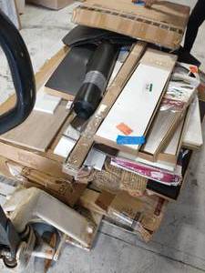 lot 61 image: pallet of mixed items, carpets, shelfs door, mirror, mats ,shelf and more