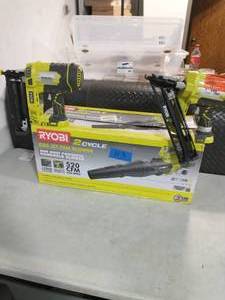lot 113 image: LOT OF RYOBI 2 CYCLE GAS JET FAN BLOWER ,RYOBI ONE 18V Cordless AirStrike 16-Gauge 2-12 in. Straight Finish Nailer (Tool Only AND  18-Volt ONE Lithium-Ion Cordless AirStrike 15-Gauge Angled Finish Nailer (Tool Only)