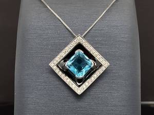 lot 15 image: Upscale Natural Topaz and Diamond Enamel Pendant in 18k White Gold $2100 Retail VIDEO