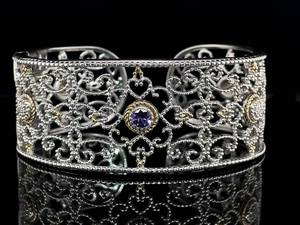 lot 66 image: Diamond and Amethyst Hinged Estate Bracelet in 18k Yellow Gold and Sterling Silver $950 Retail VIDEO