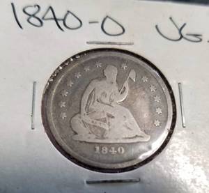 lot 04 image: 1840-O NO DRAPERY SEATED LIBERTY QUARTER VG OR BETTER