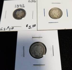 lot 18 image: 3 BARBER DIMES 1892 1915 1916 (1st & last year minted)
