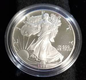 lot 10-A image: 1991 PROOF AMERICAN SILVER EAGLE IN ORIGINAL PACKAGING