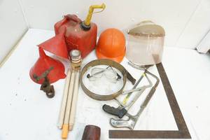 lot 225 image: Gas can, helmets, funnels, etc