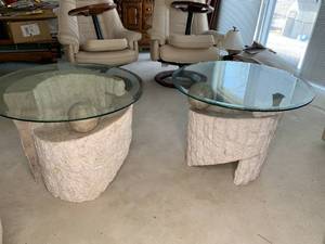 lot 308 image: Pair of Modern Glass, Stone & Marble End Tables