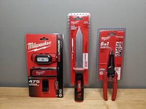 lot 7 image: New Milwaukee Headlamp Kit, Duct Knife and Comfort Grip 6 in 1 Pliers