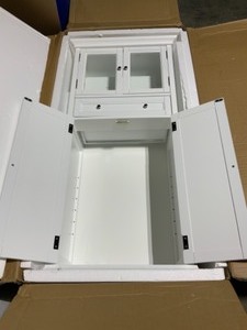 HOME DECORATORS HAMPTON HARBOR 25 IN. W X 14 IN. D X 52-12 IN. H LINEN CABINET WITH DRAWER IN WHITE. SEE PICTURES