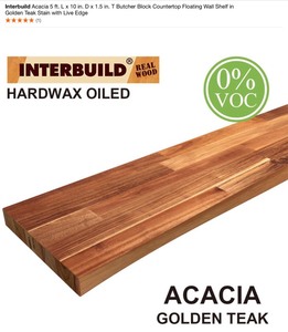 INTERBUILD ACACIA 5 FT. L X 10 IN. D X 1.5 IN. T BUTCHER BLOCK COUNTERTOP FLOATING WALL SHELF IN GOLDEN TEAK STAIN WITH LIVE EDGES. SEE PICTURES