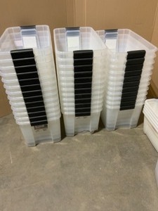 ASSORTED BINS WITHOUT LIDS VARIOUS KINDS AND CONDITIONS SEE PICTURES