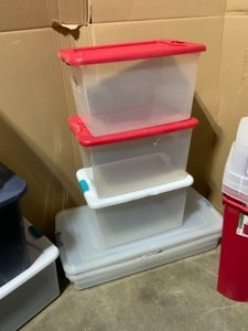 ASSORTED BINS WITH MATCHING LIDS. VARIOUS KINDS AND CONDITIONS SEE PICTURES