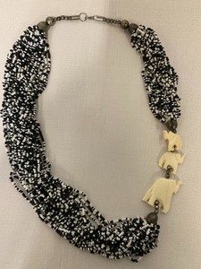 Unique Black & White Bead Necklace and Earrings w Elephant Figurines