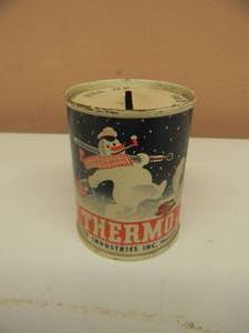 lot 18 image: VINTAGE 1950s ORIGINAL THERMO SNOWMAN ANTI-FREEZE MOTOR OIL CAN COIN BANK - VERY RARE - NICE - SEE PICTURES