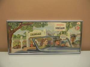 lot 21 image: VINTAGE ORIGINAL 1938 PICTORIAL INDIANA SINCLAIR GASOLINE ROAD MAP - NICELY FRAMED - AWESOME PIECE - APPROX 20 BY 9 - SEE PICTURES