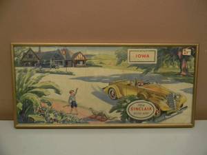 lot 22 image: VINTAGE ORIGINAL 1934 PICTORIAL IOWA SINCLAIR GASOLINE ROAD MAP - NICELY FRAMED - AWESOME PIECE - APPROX 20 BY 9 - SEE PICTURES