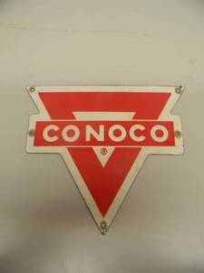 lot 35 image: VINTAGE 1950s - Conoco Porcelain Gas Pump Sign - Red Gasoline - Original - Nice - Approx 8 by 7.5 - GREAT PIECE - SEE PICTURES