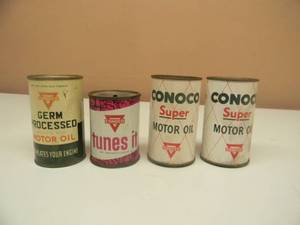 lot 38 image: VINTAGE CONOCO GERM PROCESSED, 2 SUPER MOTOR OIL &  TUNES IT OIL CAN BANKS - GREAT SET - NICE - SEE PICTURES
