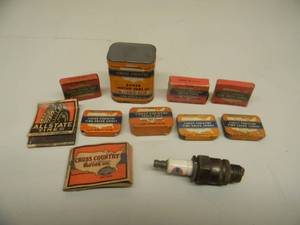 lot 49 image: VINTAGE ADVERTISING CROSS COUNTRY COLLECTION - IGNITION POINT SET, SPARK PLUG, 5 TIRE VALVE CORES,VALVE CAPS - MOST FULL  - Sears, Roebuck and Co. - RARE AWESOME PIECES - SEE PICTURES