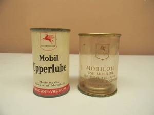 lot 67 image: VINTAGE MOBIL UPPERLUBE OIL CAN ADVERTISING BANK & VINTAGE MOBIL OIL CLEAR OIL CAN ADVERTISING BANK - GREAT SET - RARE - SEE PICTURES