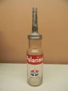lot 74 image: VINTAGE STANDARD POLARINE GLASS MOTOR OIL BOTTLE WITH SPOUT - NICE - GREAT PIECE - SEE PICTURES
