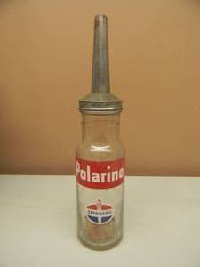 lot 75 image: VINTAGE STANDARD POLARINE GLASS MOTOR OIL BOTTLE WITH SPOUT - VERY COOL PIECE - GREAT PIECE - SEE PICTURES