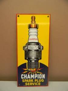 lot 82 image: VINTAGE CHAMPION SPARK PLUG SERVICE 18 BY 8 PORCELAIN SIGN - NICE - SEE PICTURES