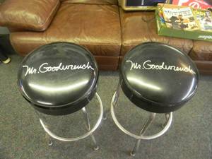 lot 95 image: 2 MR. GOODWRENCH 30 SHOP STOOLS - NICE - BLACK & CHROME - PERFECT FOR THE MAN CAVE - SEE PICTURES