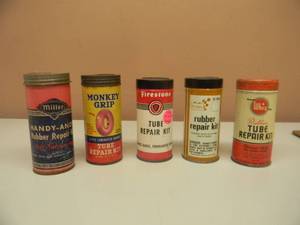 lot 96 image: SET OF 5 VINTAGE TUBE REPAIR KITS - MONKEY GRIP, MILLER, WHIZ, FIRESTONE, SEARS - ALL HAVE SOMETHING IN CONTAINER - GREAT SET - SEE PICTURES